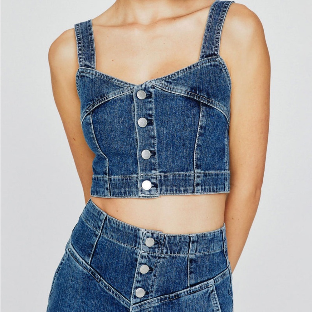 AG Adriano Goldschmied denim cropped front button tank, Sz M - Picture 2 of 16
